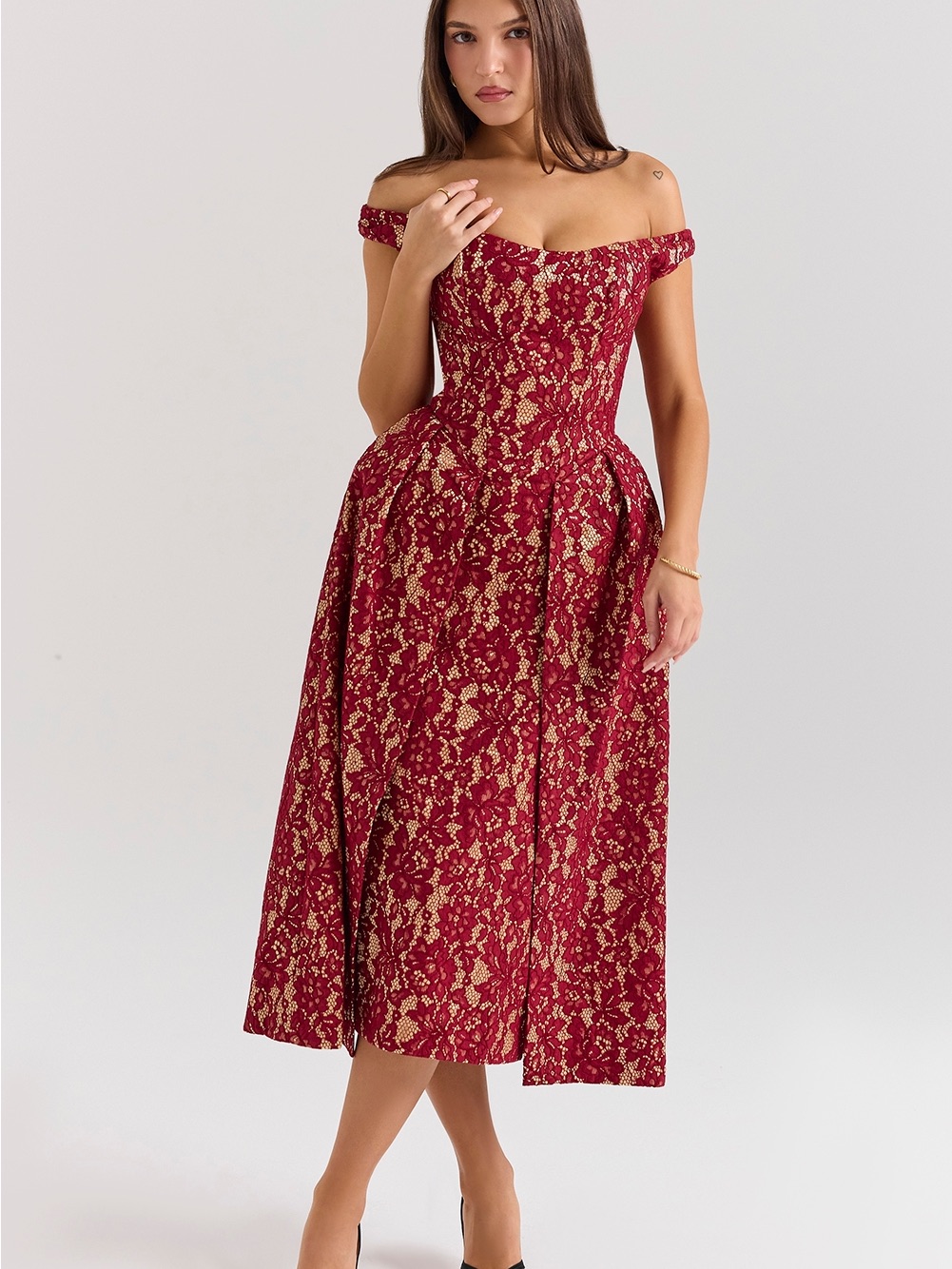 House Of Cb | Charming Gold And Berry Lace Midi Off Shoulder Dress - Size Xs